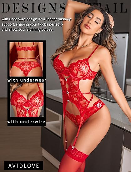 Sexy Lingerie Set for Women Lace Bodysuit Cut Out Rhinestone Underwire Valentine's Intimates Sexy Lingerie Set for Women Lace Bodysuit Cut Out Rhinestone Underwire Valentine's Intimates